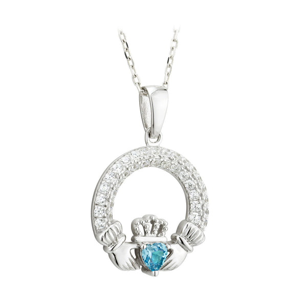 Solvar March Aqua Birthstone Claddagh Pendant s46117/3