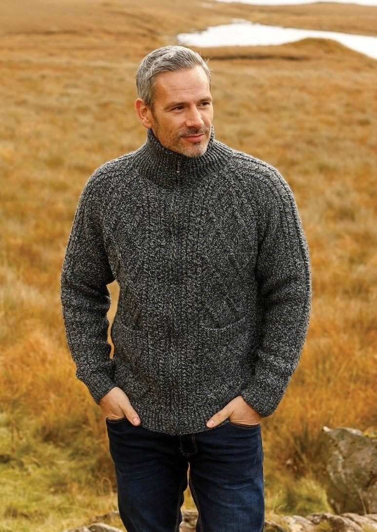 Aran Hand Knit Charcoal Men's Cardigan