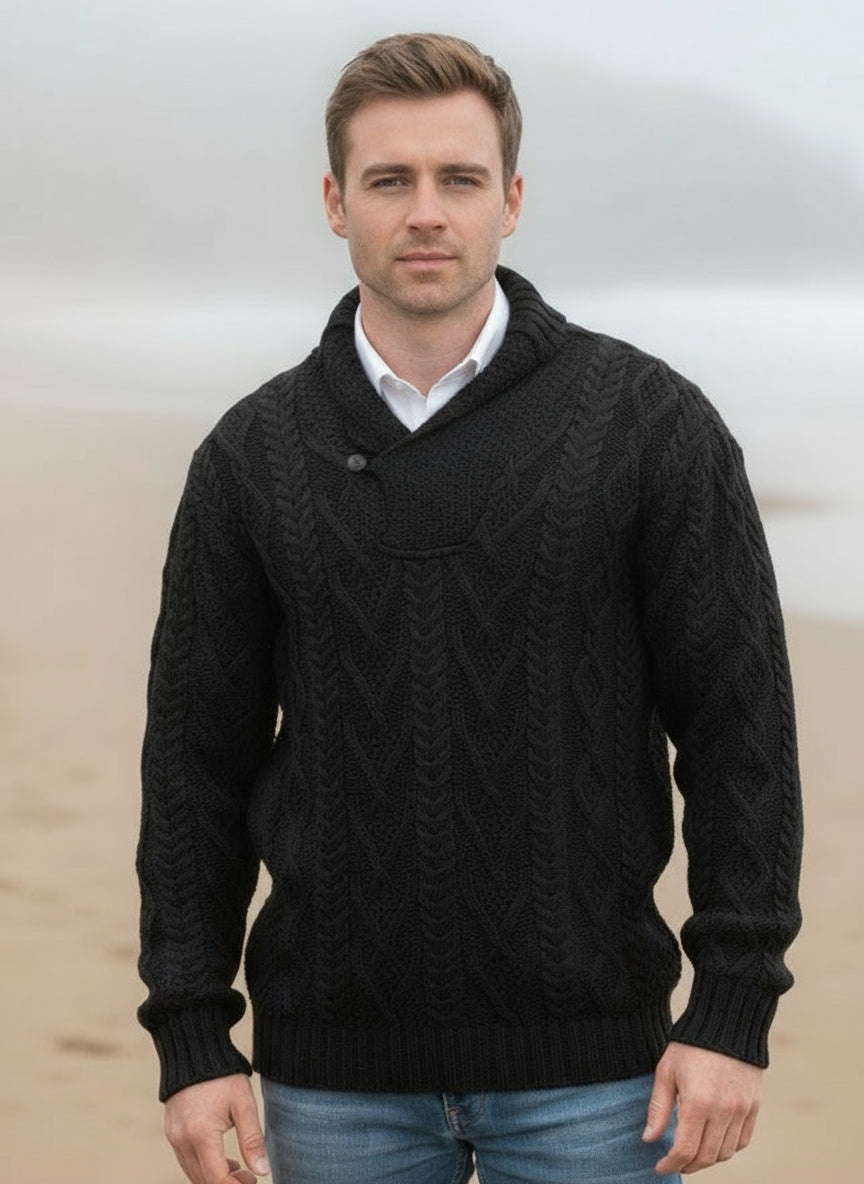 Aran Black Shawl Collar Mans Sweater