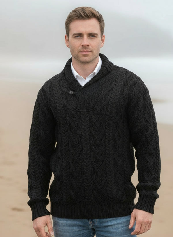 Aran Black Shawl Collar Mans Sweater