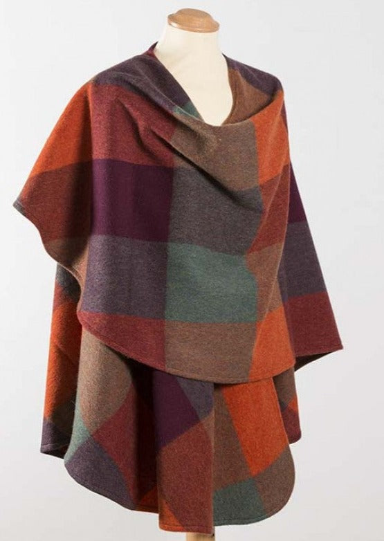 Lambswool Cape | Orange Maroon Green Block