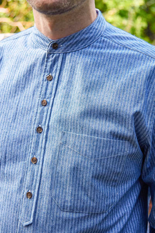 Lee Valley Cotton Grandfather Shirt | Pin Stripe Blue