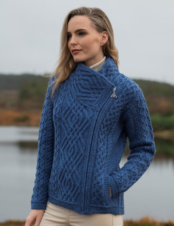 Aran Shannon Side Zip Blue Cardigan z4630 - Skellig Gift Store