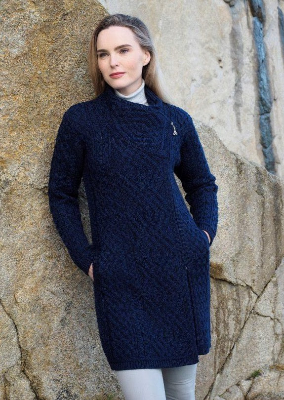 Aran Crafts Cable Knit Side Zip Blue Coat