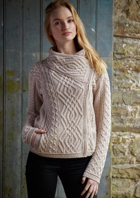 Ladies Oatmeal Aran Irish Cable Knit Side Zip Jacket 