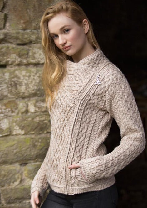 Ladies Oatmeal Aran Irish Cable Knit Side Zip Jacket 