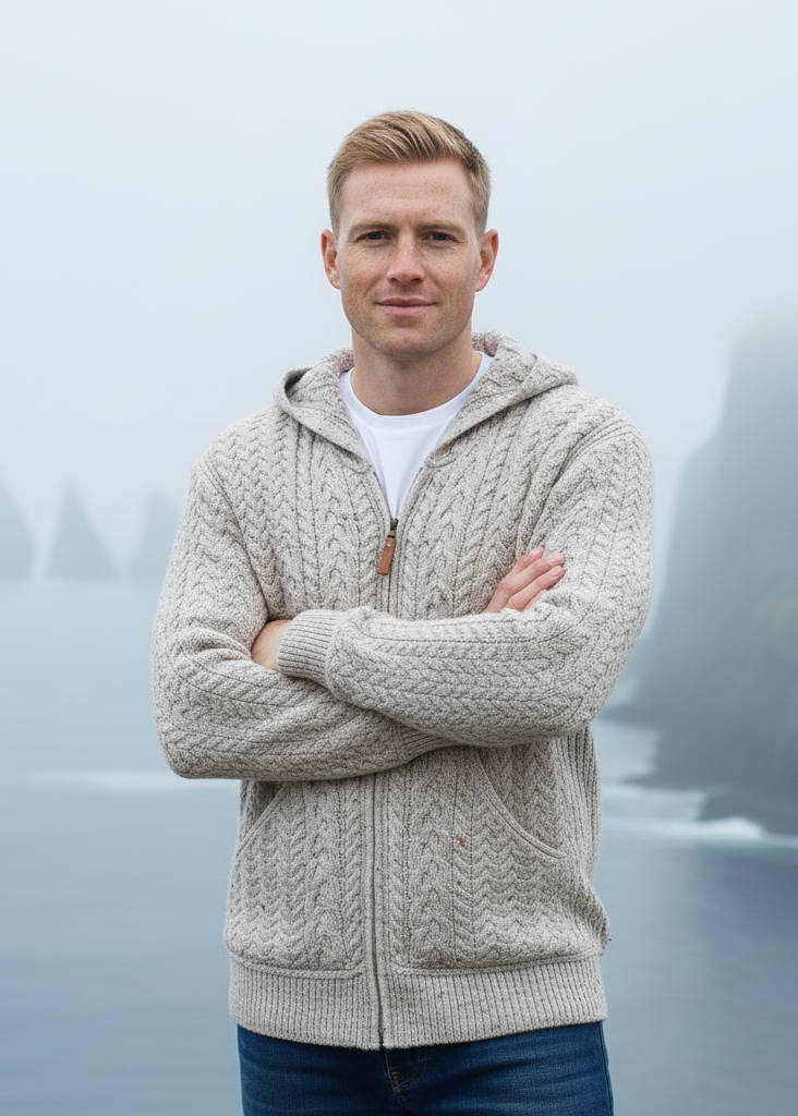 Aran Crafts Men’s Hooded Cardigan | Oatmeal