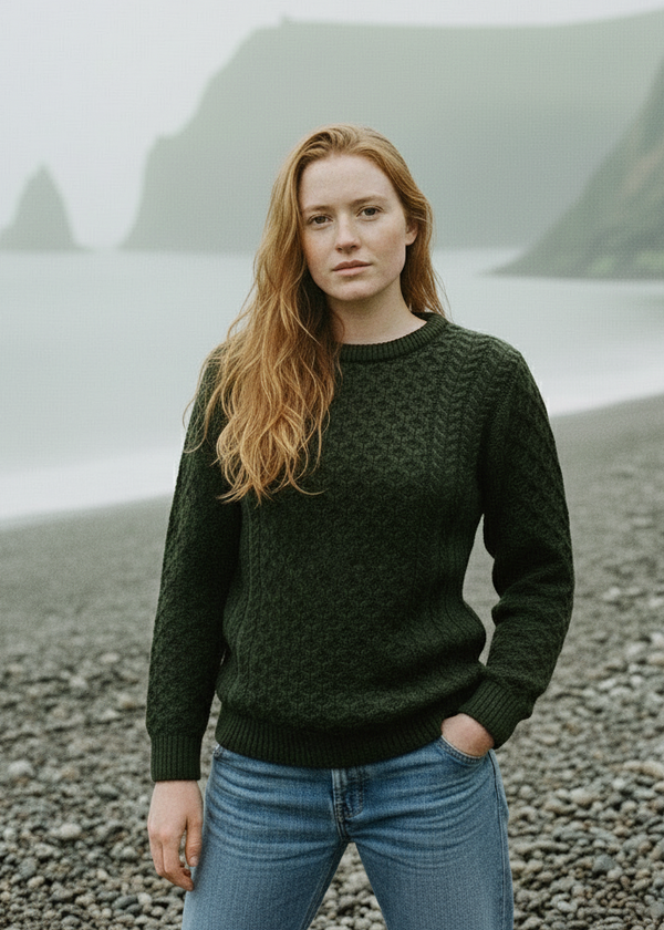 Aran Crew Neck Merino Sweater | Green
