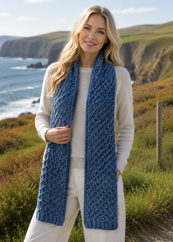 Aran Merino Wool Honeycomb Scarf | Denim Marl