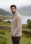 Aran Merino Wool Shawl Neck Sweater | Camel