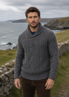 Aran Merino Wool Shawl Neck Sweater | Slate