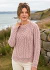 Aran Scallop Lace Stitch Sweater | 100% Merino Wool | Sky Pink