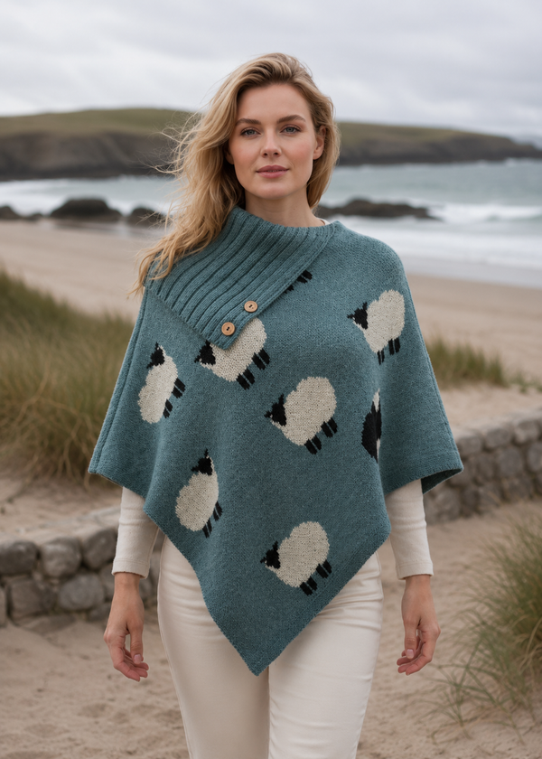 Black Sheep Long Neck Poncho | Summer Storm | 100% Pure Wool