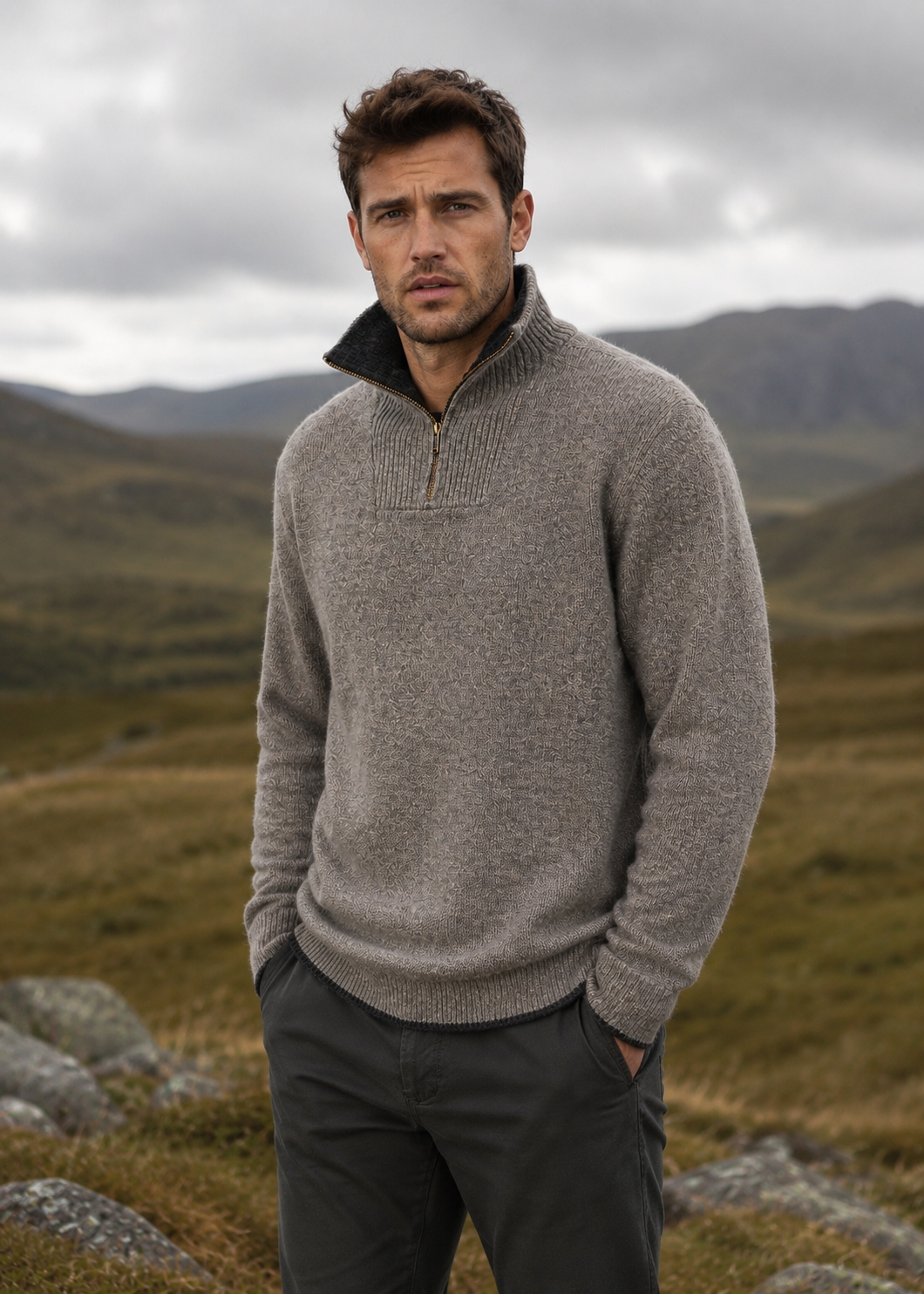 Irish Lambswool Quarter Zip Sweater - Ghost Grey | IrelandsEye