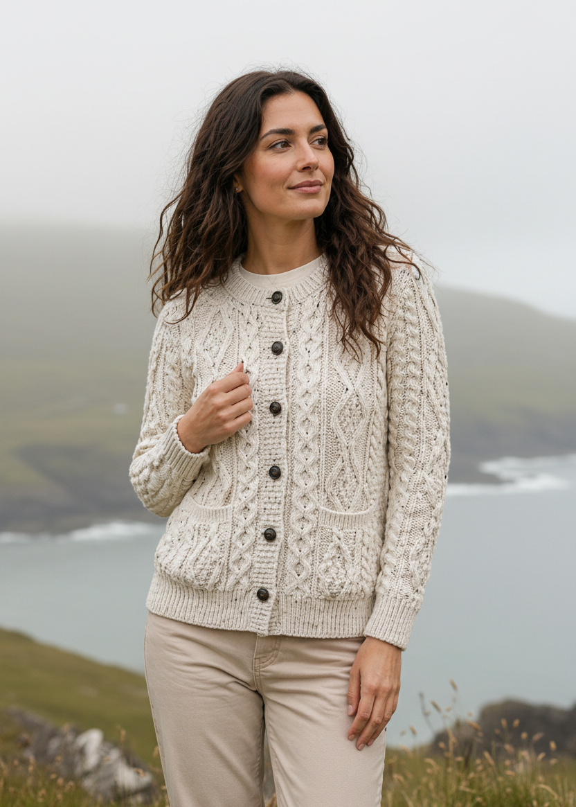 Ladies Aran Cardigan in Flecked Cream | 100% Wool