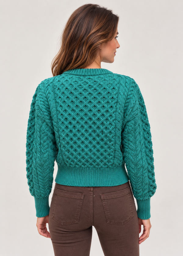 Ladies Merino Cropped Classic Aran Cardigan | Teal