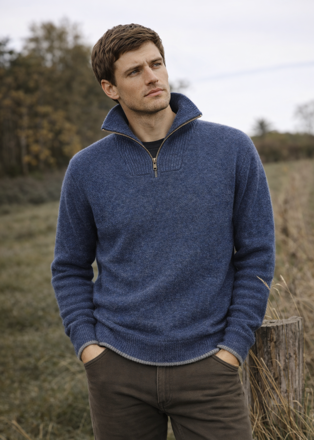 Men's Lambswool Quarter Zip Sweater - Blue Stone | IrelandsEye Knitwear