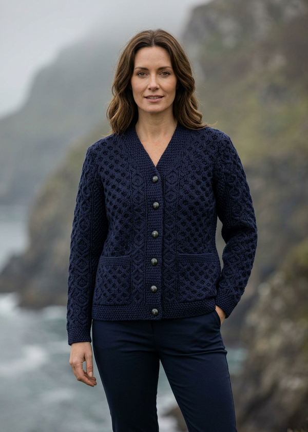 Women's Aran Merino Wool Cardigan | Navy
