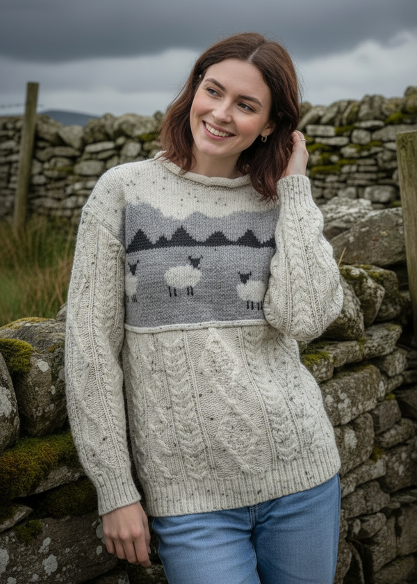 Unisex Pure Wool Sheep Aran Sweater | Oatmeal