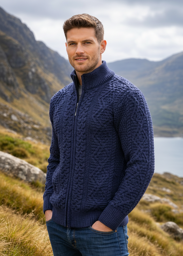 Full Zip Mens Merino Wool Aran Cardigan | DWB