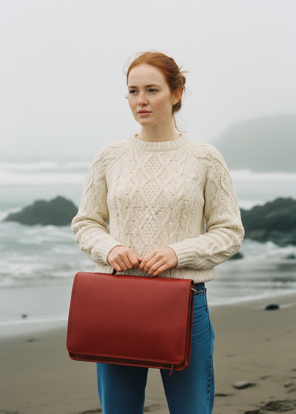 Woman holding a red bag on a beach with a blurred background