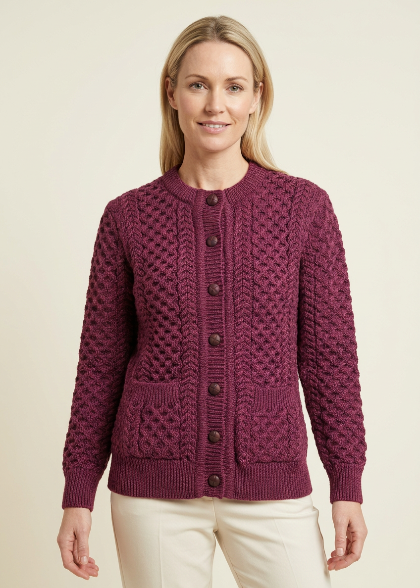 Aran Merino Wool Lumber Cardigan | Raspberry Marl