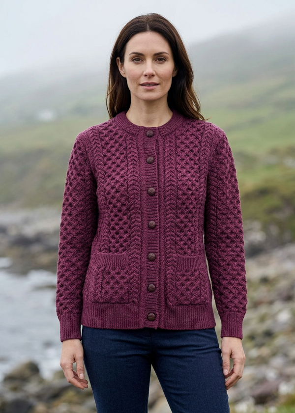 Aran Merino Wool Lumber Cardigan | Raspberry Marl