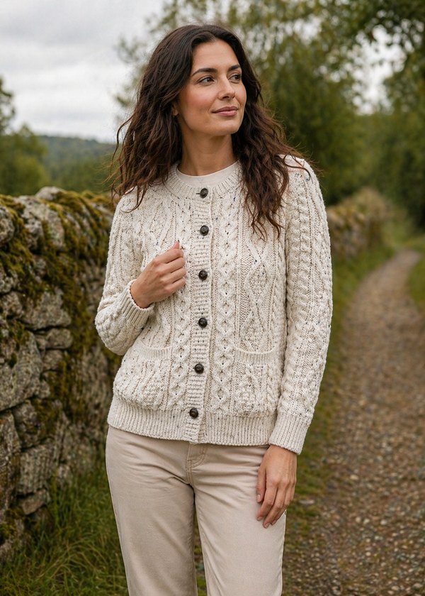 Ladies Aran Cardigan in Flecked Cream | 100% Wool