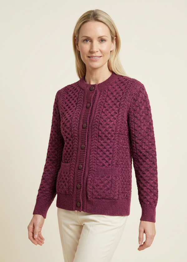 Aran Merino Wool Lumber Cardigan | Raspberry Marl
