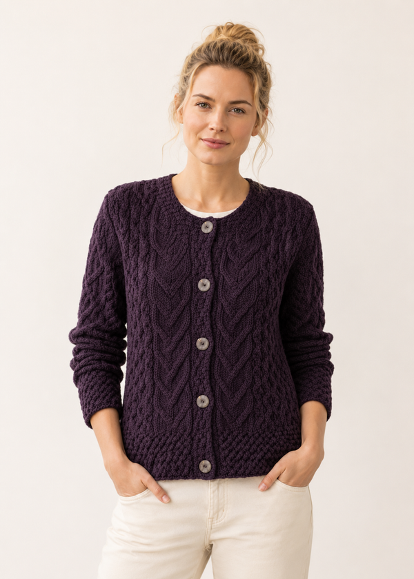 Women's Aran Cable Knit Cardigan | Velvet Plum - Clearance