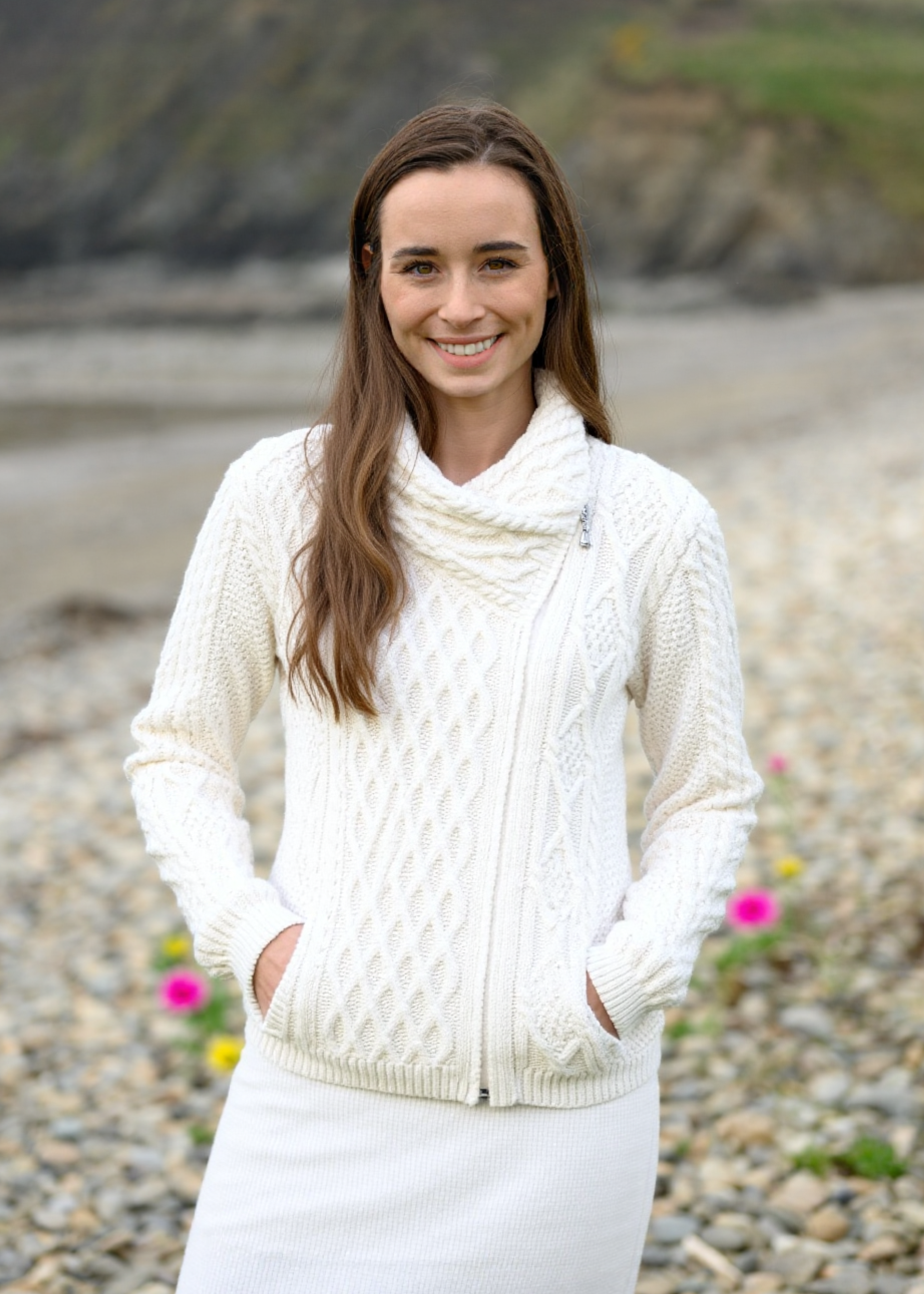 Aran Bikers Claddagh Side Zip Cardigan | Natural