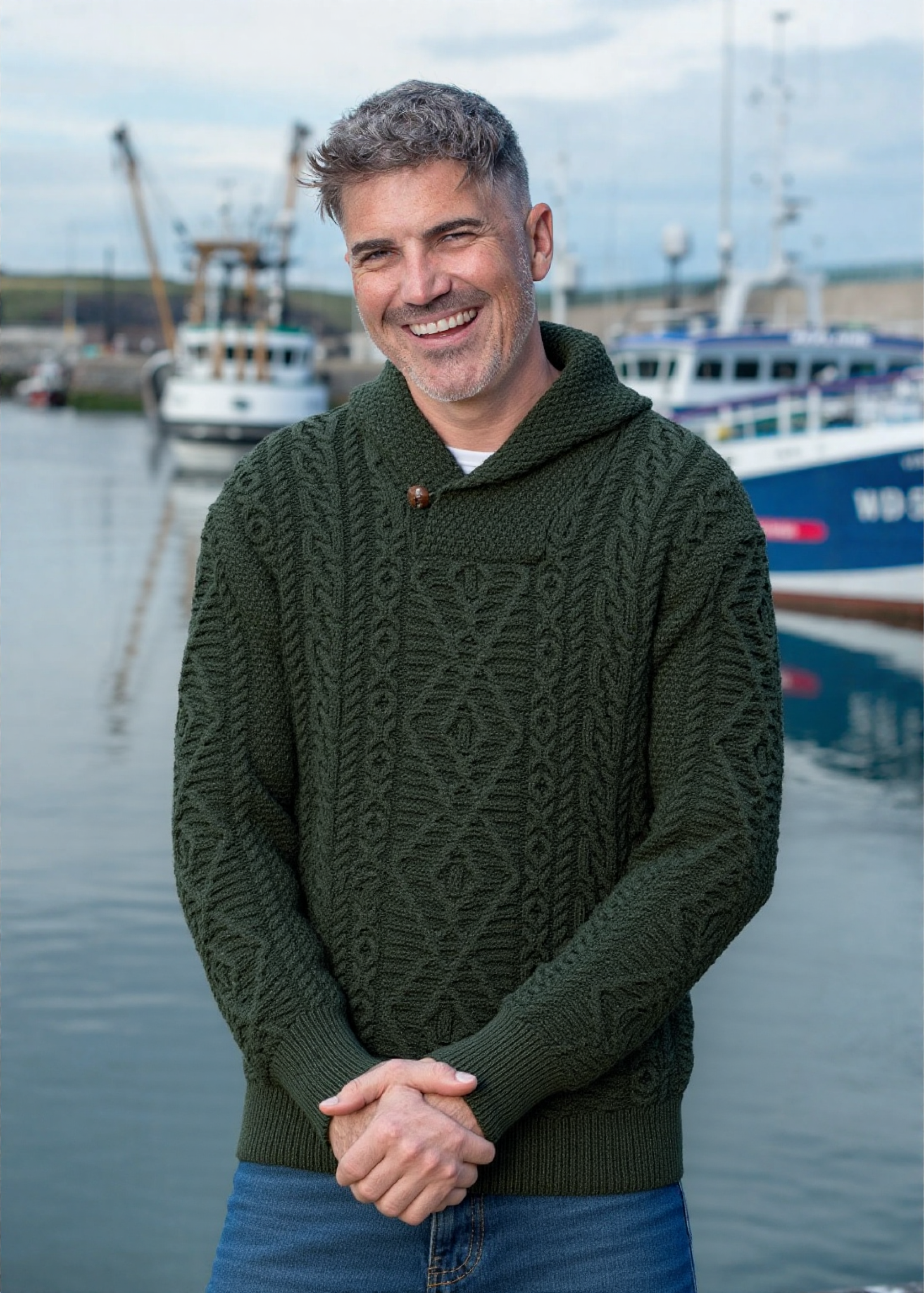 Aran Shawl Neck Sweater | Army Green