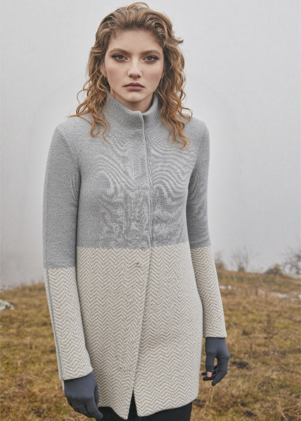 Ladies Herringbone Wool Coat | Natural Grey