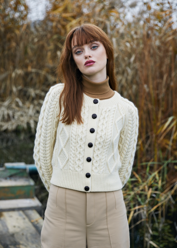 Ladies Cropped Aran Cardigan