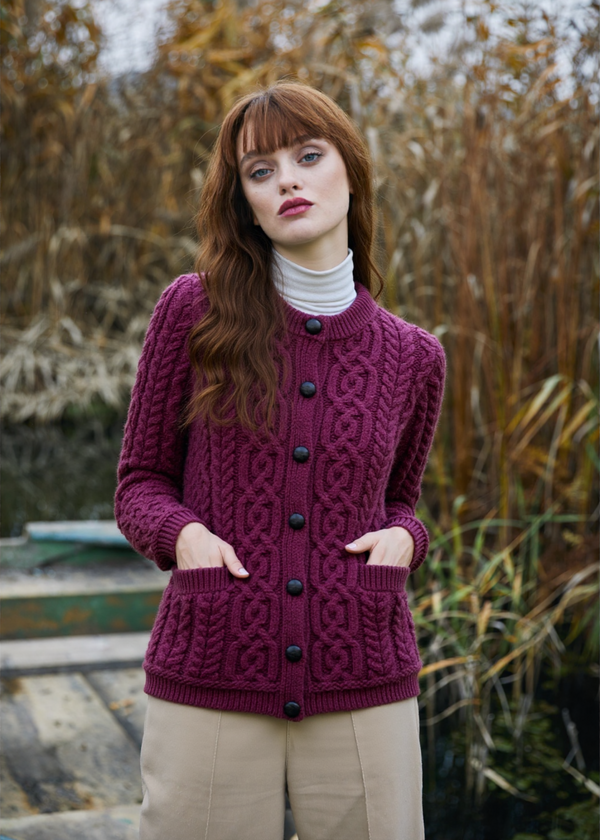 Ladies Button Aran Cardigan | Burgundy