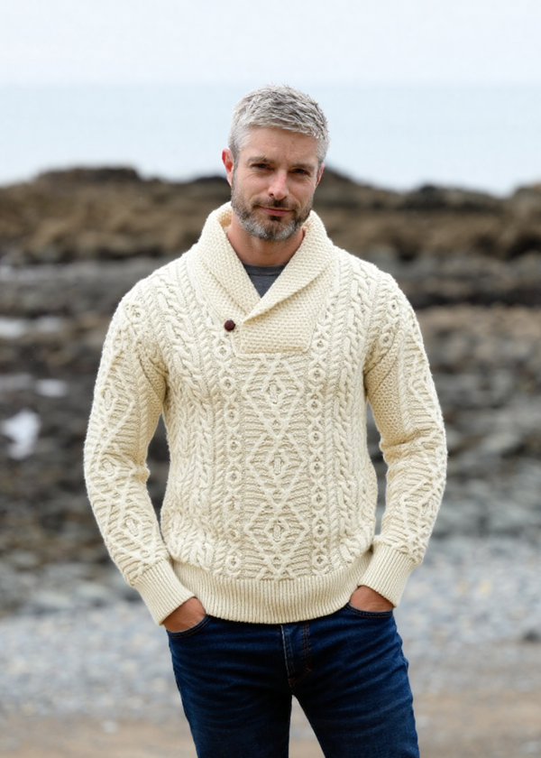 Aran Shawl Neck Sweater | Natural