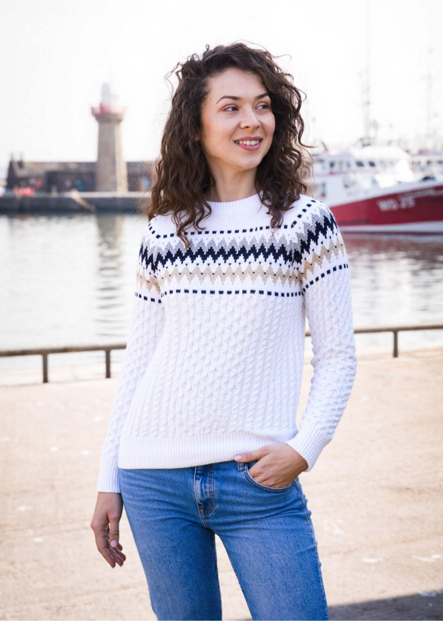 Ladies Slim-Fit Aran Fairisle Sweater | Natual