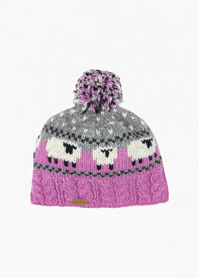 Aran Sheep Bobble Hat | Pink & Grey
