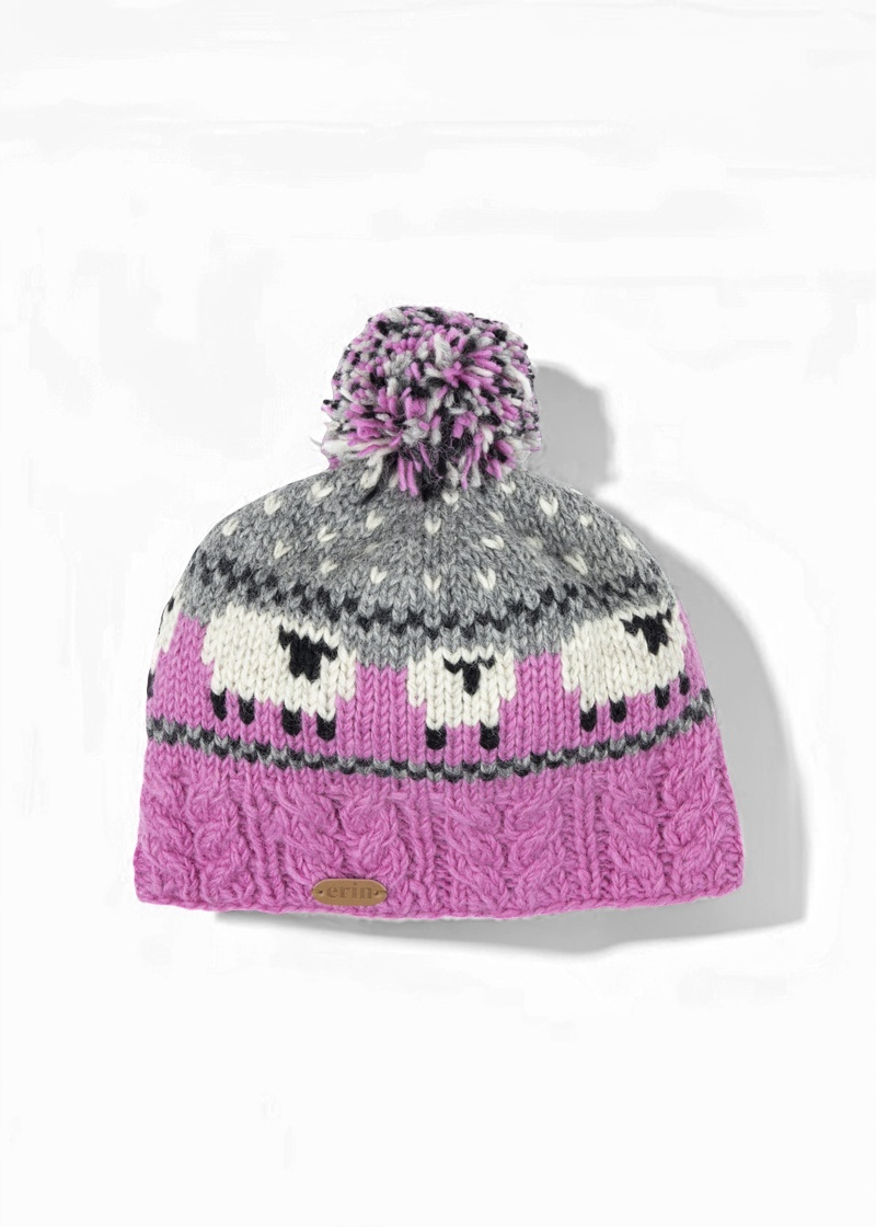 Aran Sheep Bobble Hat | Pink & Grey