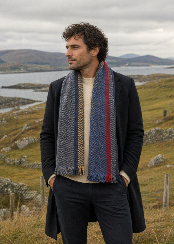 Mucros Donegal Wool Scarf | Red Stripe | Handwoven Irish Heritage