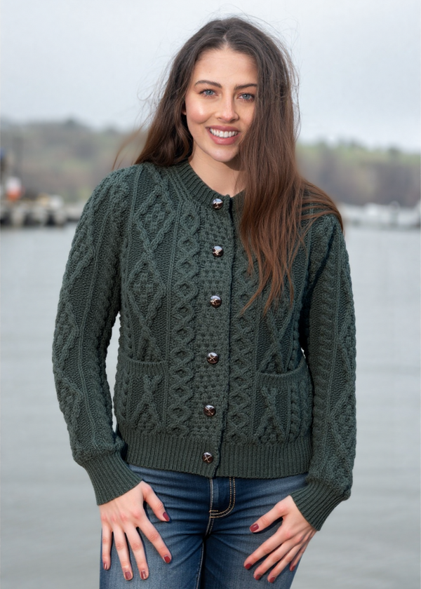 Ladies Aran Cardigan | Army Green