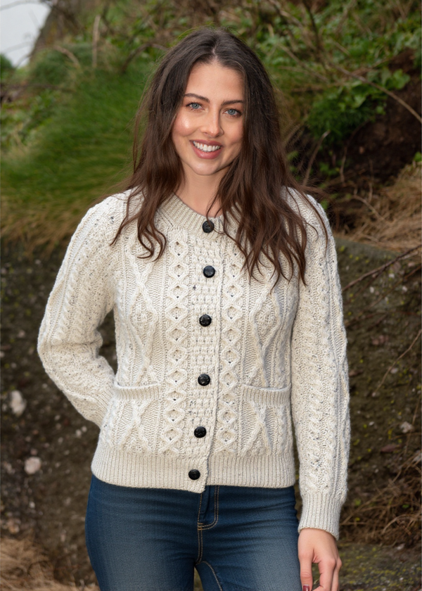 Ladies Aran Cardigan | Flecked Cream