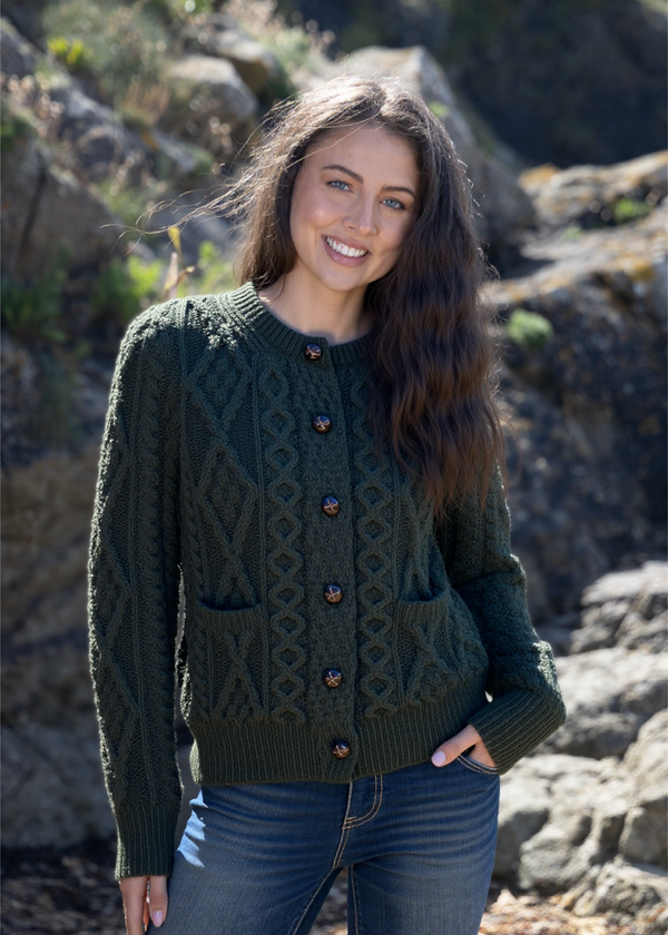 Ladies Aran Cardigan | Army Green
