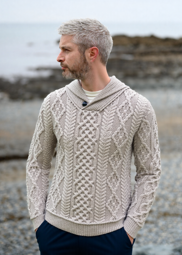 Men's Shawl Collar Aran Sweater | Oatmeal