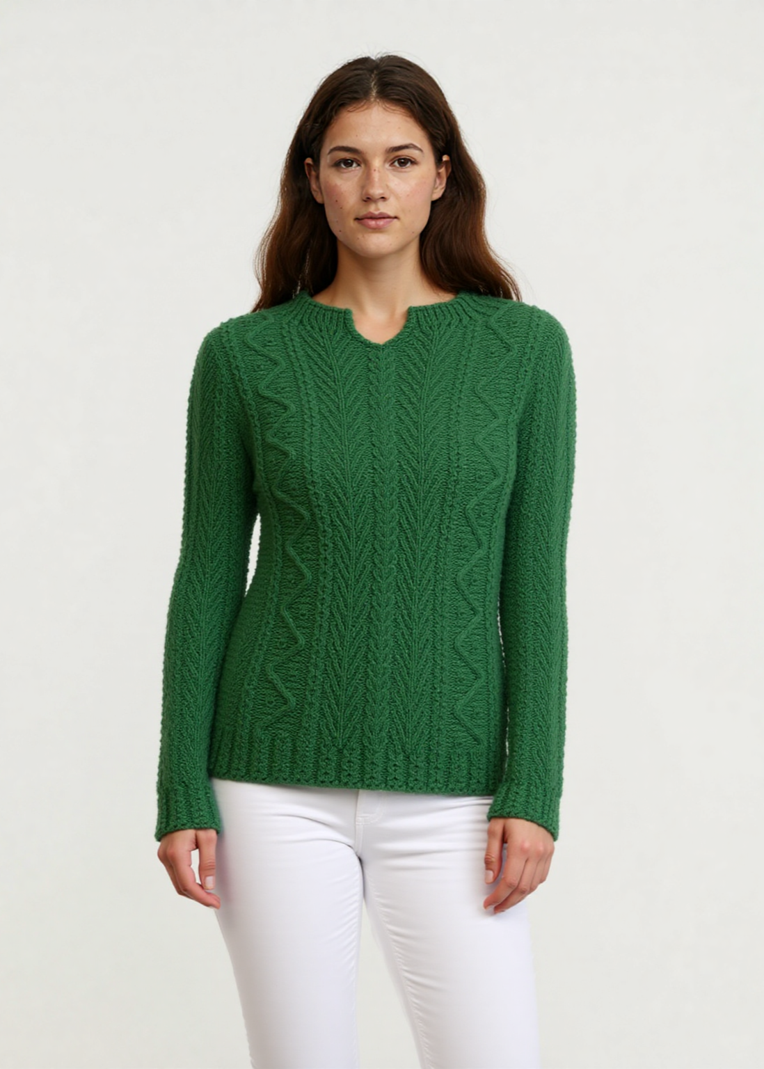 Relaxed Fit V Neck Ladies Aran Sweater | Green