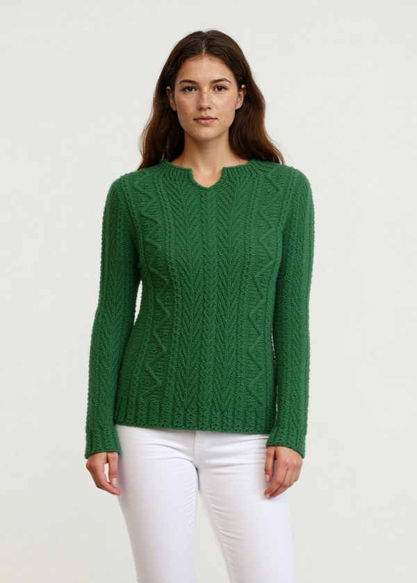 Relaxed Fit V Neck Ladies Aran Sweater | Green