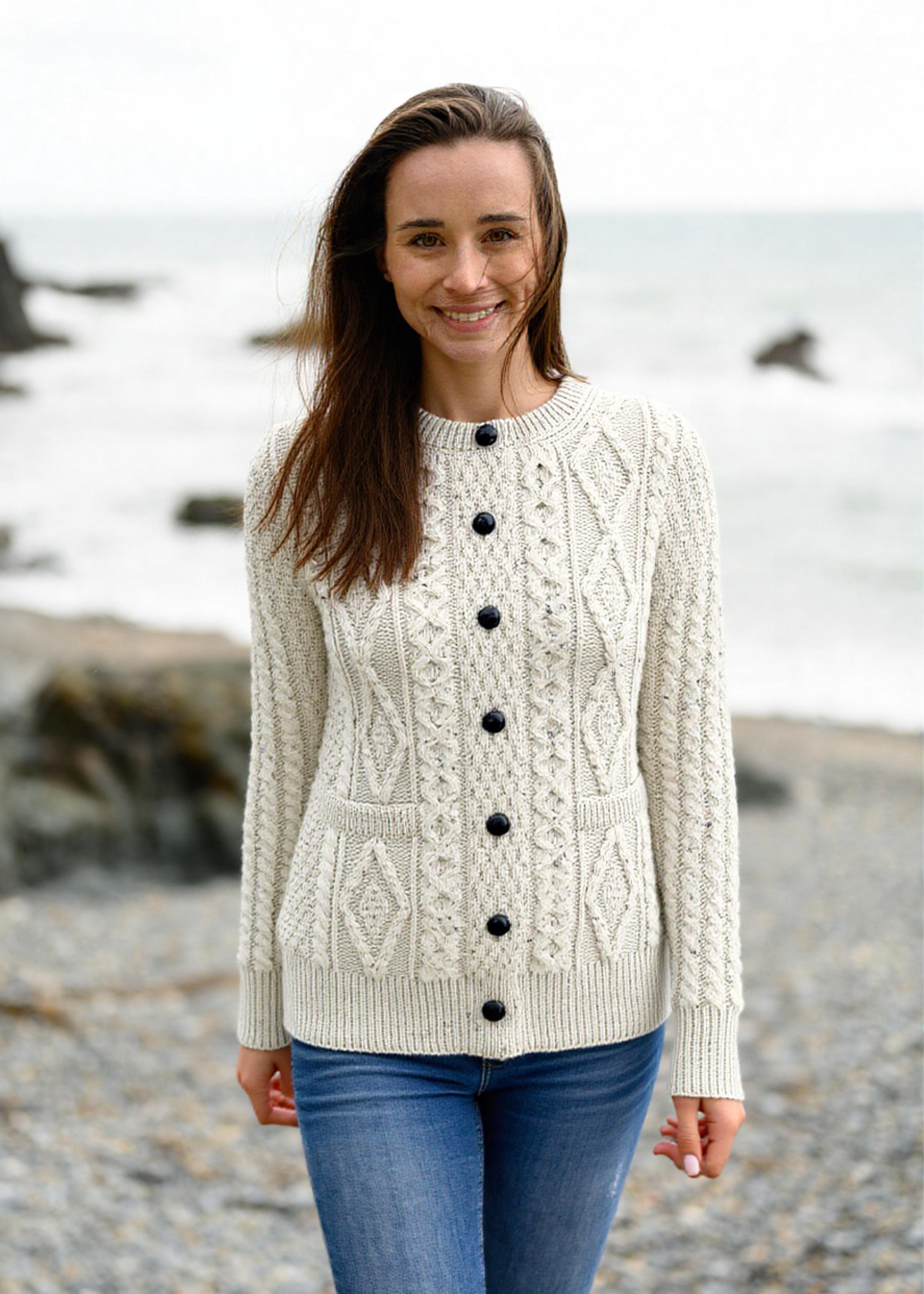 Ladies Aran Cardigan | Flecked Cream