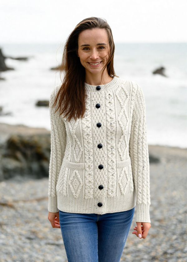 Ladies Aran Cardigan | Flecked Cream