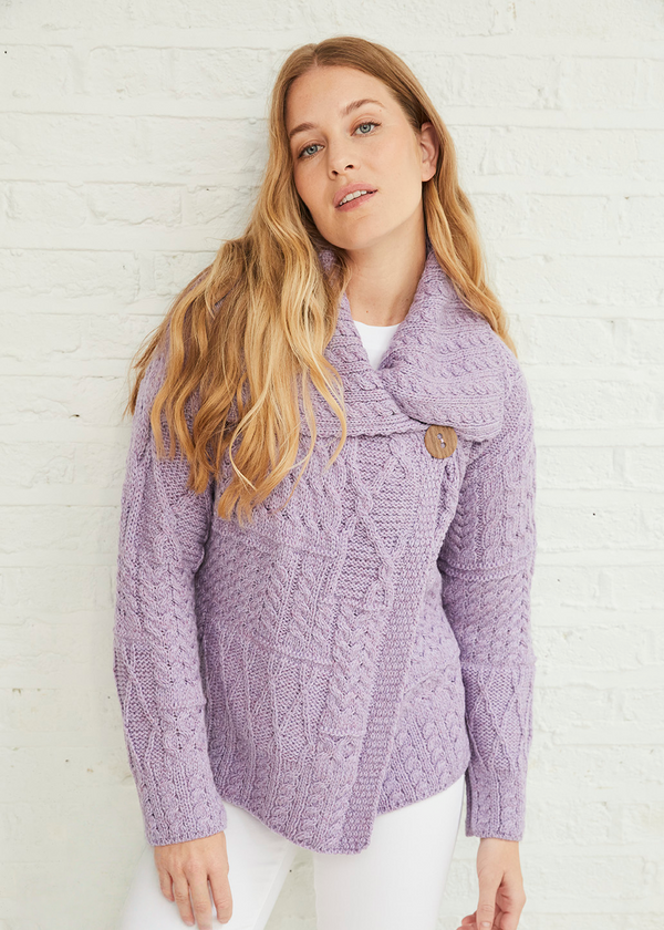 Patchwork Ladies Aran Cardigan | Lavender