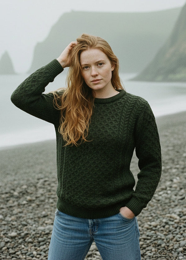 Aran Crew Neck Merino Sweater | Green